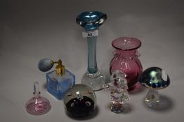 A group of mixed glass wares, to include Caithness paperweight, iridescent glass mushroom, perfume
