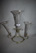 A late Victorian Epergne, cut and etched hand blown glass with floral design on three branches