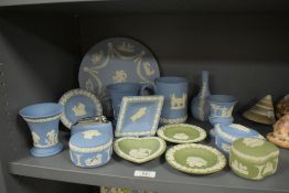 A selection of 20th century Wedgwood Jasperware in pale blue and sage grounds.