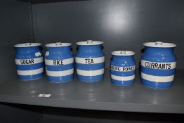A group of five T.G Green & Co Ltd Cornish Kitchen Ware lidded storage jars, each named.