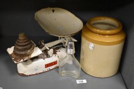 A set of Harper kitchen scales, a Cusenier glass hip flask and salt glazes pot