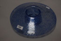 A vintage blue studio art glass bubble bowl in the form of a squat mushroom.