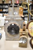 A vintage painted metal railway lantern, sold together with a Bardic NH10A M.O.F.P safety lamp