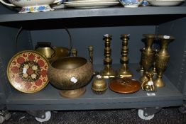 A selection of mixed brass wares, including jam pan, candlesticks, bell, cat figure