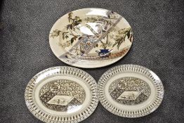 Three antique ceramic serving dishes having transfer printed designs.