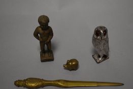 A vintage cast-metal owl-form salt cellar, with applied glass eyes, the base with engraved