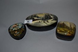 Three hand-decorated Russian lacquer/papier mache trinket boxes, comprising Dachas in Winter