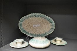 An Art Deco Wedgwood dressing table set, comprising trinket box, tray and two candlesticks, having
