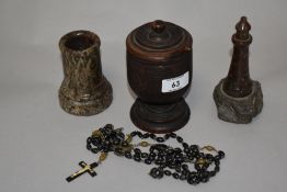 A turned serpentine stone lighthouse model, sold along with a turned serpentine vase and treen