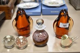 Two amber glass penguins(1af) two controlled bubble spherical candle holders and Mdina style scent