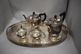 A Viners of Sheffield silver plated four-piece teaset, sold along with a galleried oval tray of