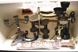 A selection of mixed metal wares, to include martingale, scales, flat iron, grinder