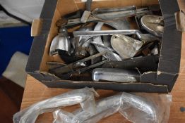 A mixed box of various vintage chrome and steel trims and similar, including Morris bonnet catch