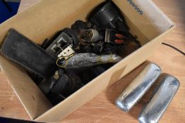 A miscellaneous box of vintage car parts, including pair of chrome over riders (possibly Mini or