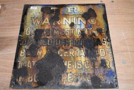 A distressed vintage enamel railway sign, 'F.R warning....'