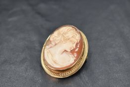 A conch shell cameo brooch depicting a maiden in profile in a 9ct gold mount