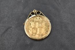 An 1892 shield back half sovereign in a removable 9ct gold pendant mount, approx 4.5g