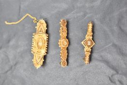 Three 15ct gold bar brooches, each having a central diamond chip and wire decoration, approx 9g