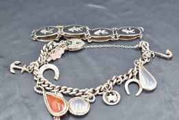 A silver charm bracelet having padlock clasp and ten charms, and a Siam bracelet having eight