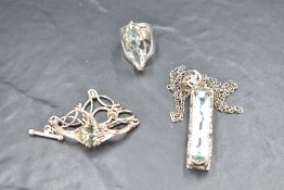 Three pieces of silver jewellery having large cut stones, possibly fluorite