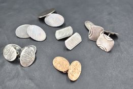 Three pairs of silver cufflinks of various forms and a broken 9ct rose gold cufflink