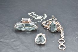 Three pieces of silver jewellery having large facet cut stone decoration, possibly blue zircon