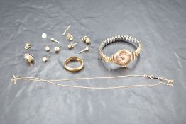 A small selection of yellow metal and 9ct broken jewellery including sapphire and diamond chip