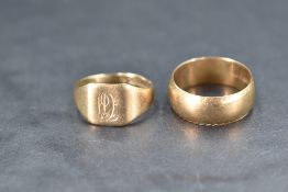A 9ct gold wedding band, size Q & approx 6g and a 1950's 9ct gold signet ring bearing inscription