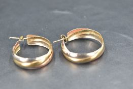 A pair of 9ct tri coloured gold hoop earrings, approx 5g