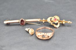 A small quantity of 9ct gold inluding bar brooches, earring and ring, some damage, approx 5g