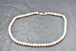 A string of multi coloured fresh water pearls with 9ct gold clasp, approx 16'