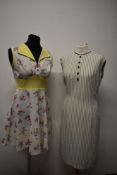 A 1960s floral mini dress and a late 1950s/ early 60s striped cotton shift dress with faux buttons