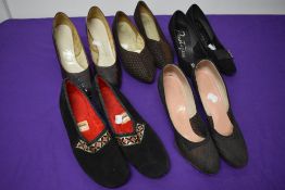 Four pairs of vintage shoes and a pair of slippers, including 1950s 'Gold Cross' brown suede shoes.