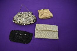 Three 1930s bags, including black beaded bag, sequined bag with clasp fastening and metal bag with