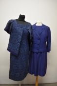 A 1950s/ early 60s Kitty Copeland dress suit in navy slub fabric and a similar lace two piece