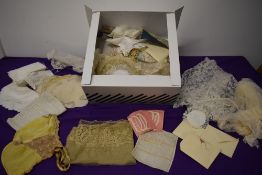 A box full of vintage and antique lace and more, including reform initials with original