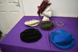 Five vintage hats, including 1930s/40s burgundy feathered hat and 1960s teal blue Gina Davies hat,
