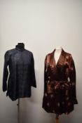 A Chinese satin dressing gown, around 1950s and similar jacket having side frog fastening.