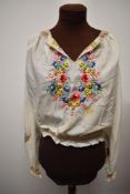 Two vintage embroidered peasant blouses, including Hungarian blouse in brown, both AF.