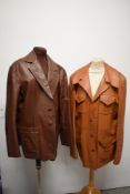 Two gents vintage 1970s leather jackets, one brown and one tan, medium sizes.