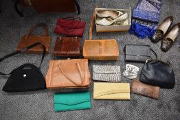 A mixed lot of vintage handbags and shoes, including leather and reptile skin, some AF.