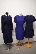 Three vintage dresses, including royal blue textured crepe dress, around 1950s and navy blue