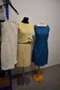 Three vintage dresses, including 1960s/70s wool pinafore and 1960s cream two piece comprising of