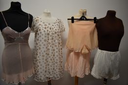Three pairs of 1940s and 50s tap pants, a 1940s blue and pink fine crepe cami and a 1960s double