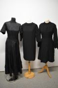 A trio of black dresses, to include 1930s black wool dress with honeycomb smocking to shoulders,