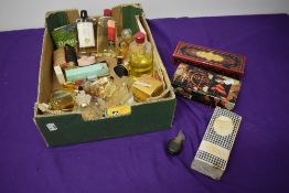 A box full of vintage perfumes and similar, including Estee Lauder 'Youth dew' and Christian Dior '