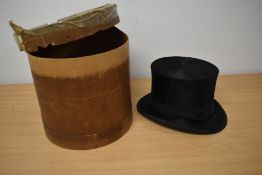 A boxed top hat, 'Albert Denson, 6 St Westburgh street, Chester' to inside, some wear to underside