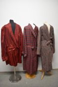 Three vintage gents dressing gowns, including 1950s paisley cotton and 1960s Tricel example.