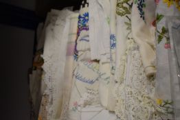A box of antique and vintage Table Linen included embroidered examples and some with deep crochet