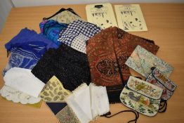 A selection of vintage scarves, head squares and bags etc, including red new wool Liberty of